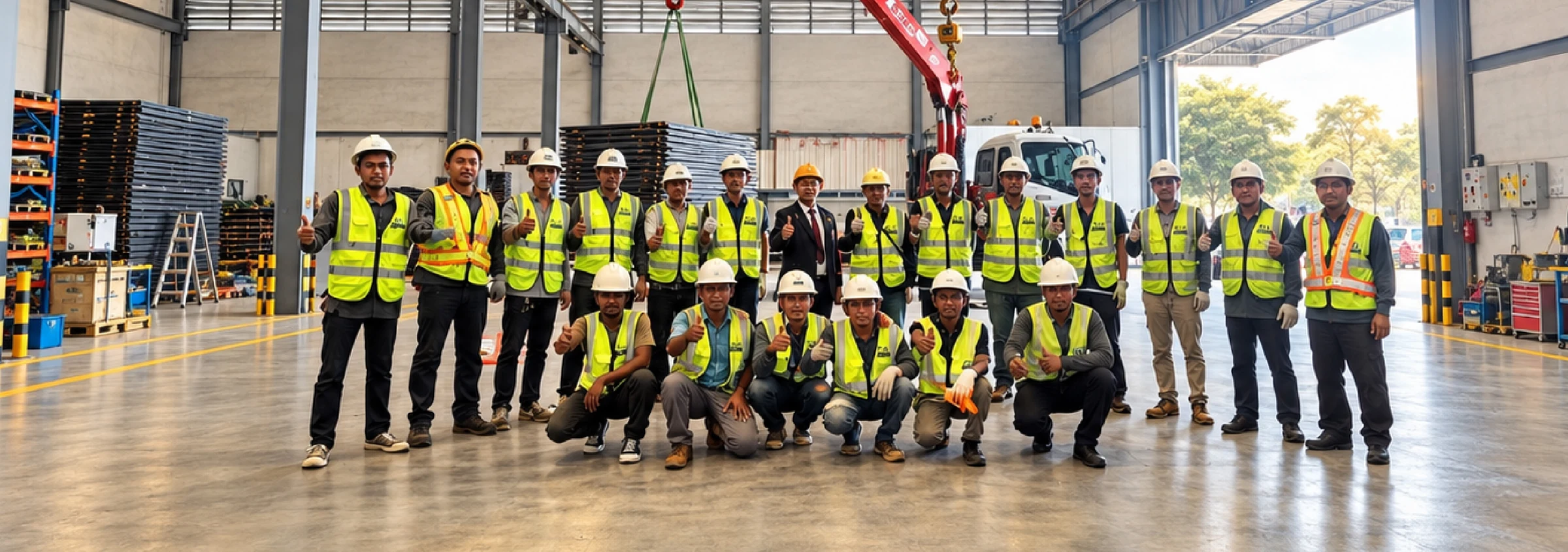 The General Master team in high-visibility vests, in a group photo at the workshop