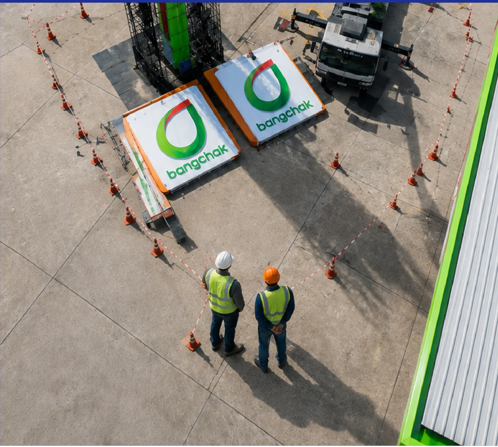 General Master crew installing large Bangchak signage at a service station