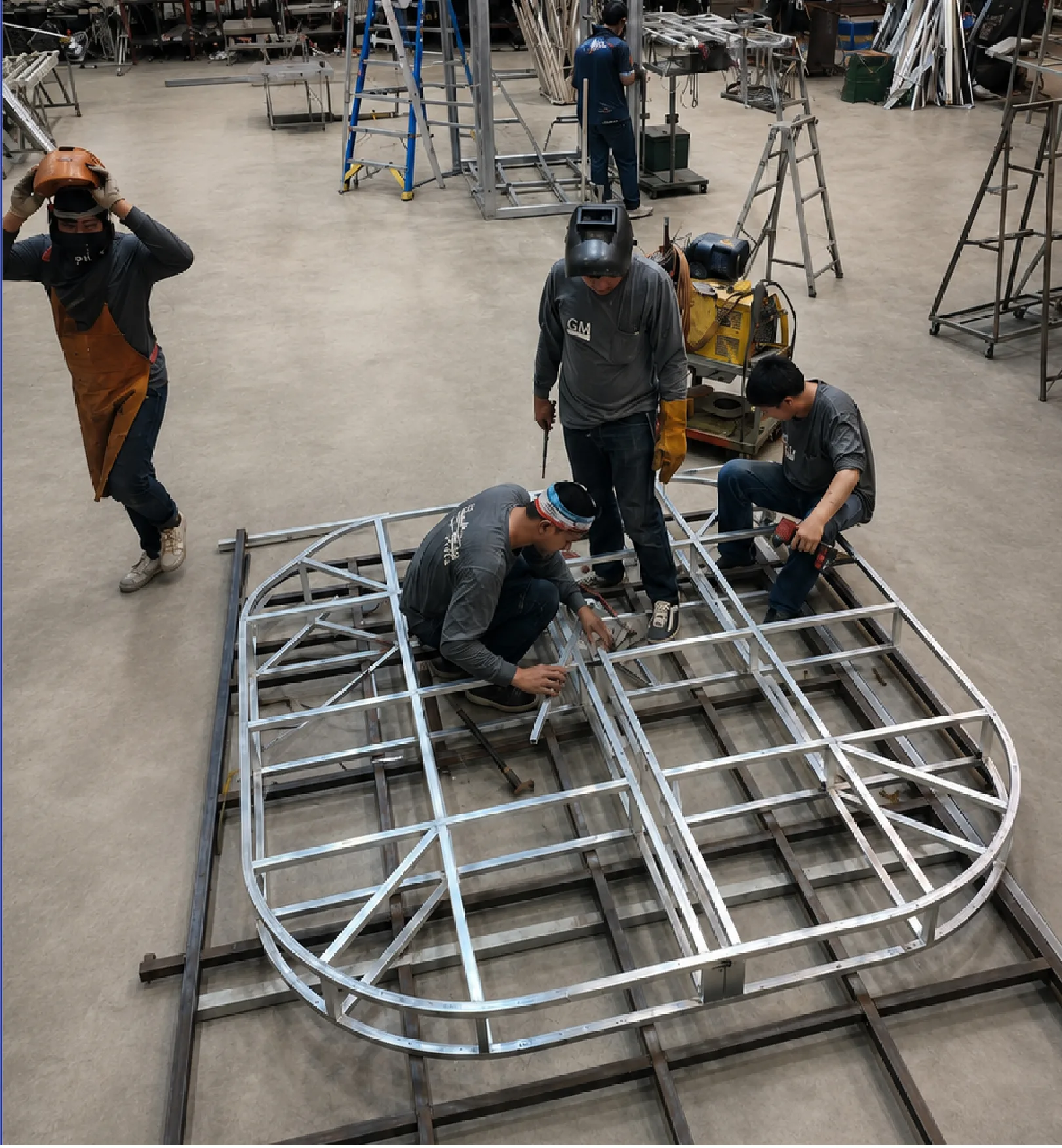 General Master fabricators assembling a steel sign frame in the workshop