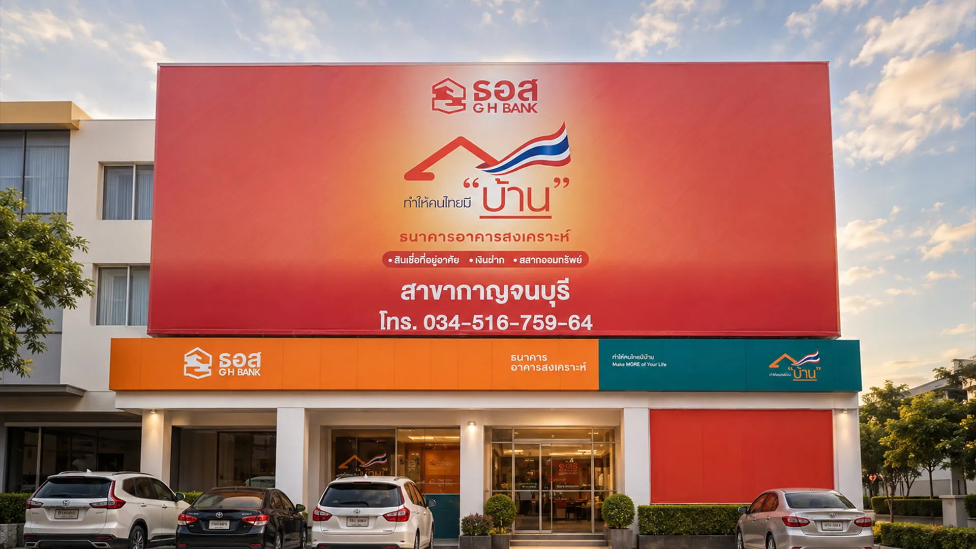 ป้ายธนาคารอาคารสงเคราะห์ขนาดใหญ่บนอาคาร